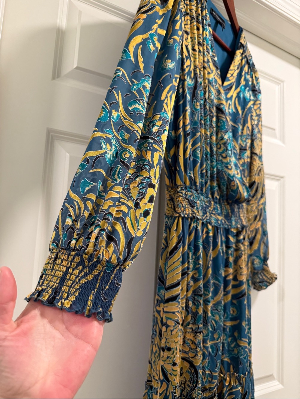 White House Black Market Teal and Gold Long Sleeve Midi Dress - Picture 5 of 14
